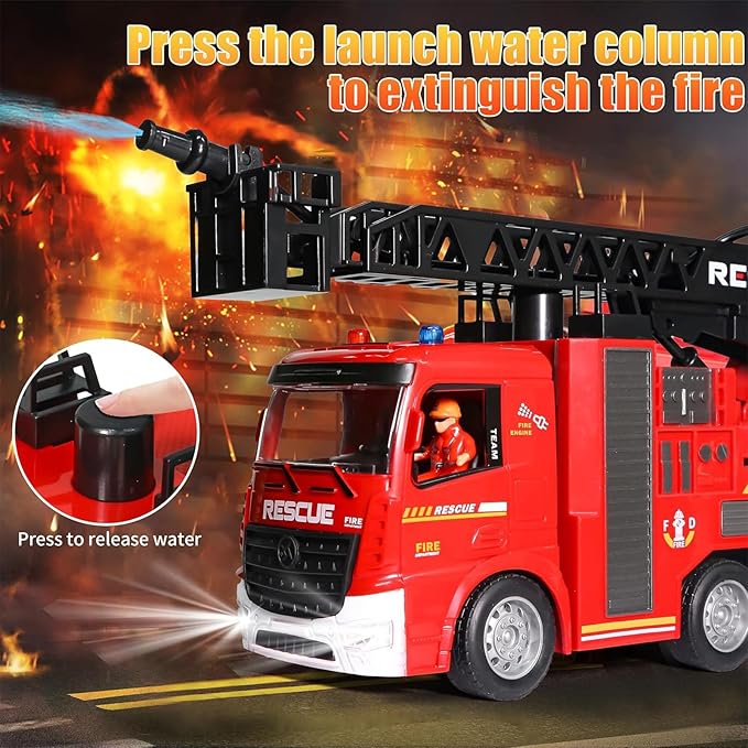 Fire Truck Toy for Toddlers Kids Boys Ages 3-8 Years Old,Remote Control Fire Truck with Lights,Siren Sound,Working Water Spray and Rotating Rescue Ladder,Firetruck Engine Gifts for Little Fireman 8-12