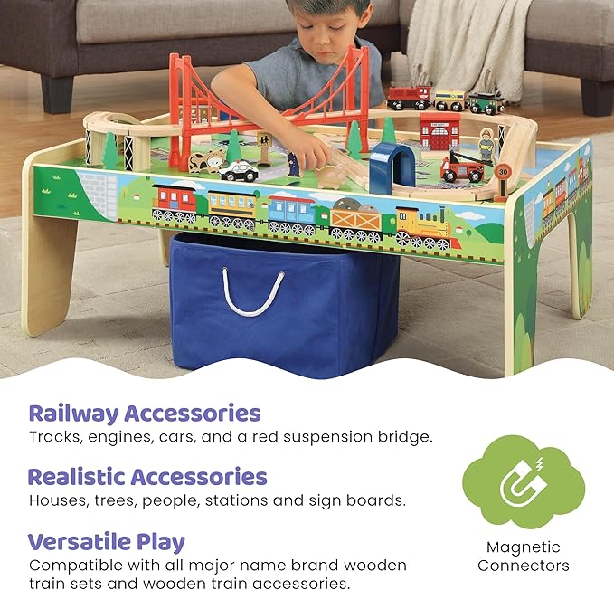 50 Piece Wooden Train Set with Activity Table & Storage Bin - 100% Hardwood Track, Engine, Oil Tanker, Caboose, Fire Engine, Station, Policeman, Farm Animals. Compatible with All Major Brands