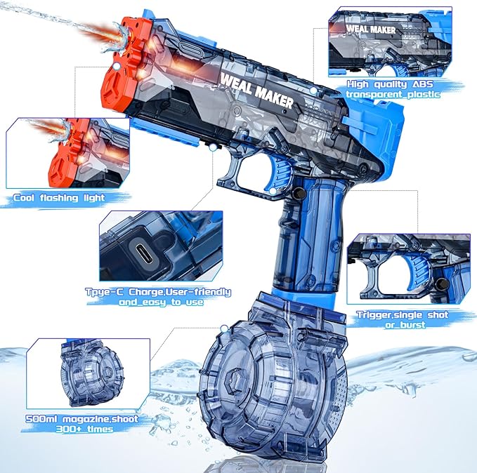 2025 Upgraded Electric Water Gun with LED Flash and USB-C Charging, IP67 Waterproof Automatic Squirt Guns 25-30 FT Range, Realistic Water Pistol for Summer Outdoor Pool Party Toys