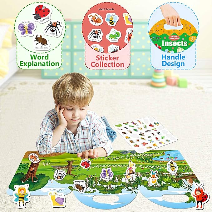 Reusable Toddler Sticker Books, Waterproof Stickers, Travel Essentials with Insect Theme