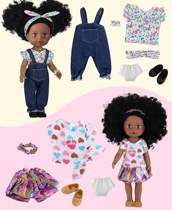 GAGAKU Black Doll for Girls, 14" Black Baby Dolls Set for Toddlers Kids 2 3 4 5 6 Years Old, Black Girl Baby Doll with Natural Hair, Including Doll Clothes Accessories