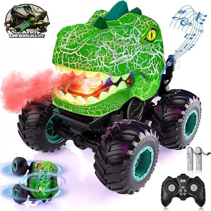 Monster RC Car - Dinosaur 360° Rotating Stunt Car with Spray, Lights & Sound, 2.4GHz All Terrain Truck, Remote Control Toys for Age 4-7, Gifts for Kids 3-12