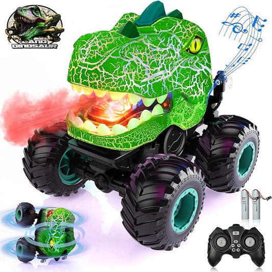 Monster RC Car - Dinosaur 360° Rotating Stunt Car with Spray, Lights & Sound, 2.4GHz All Terrain Truck, Remote Control Toys for Age 4-7, Gifts for Kids 3-12