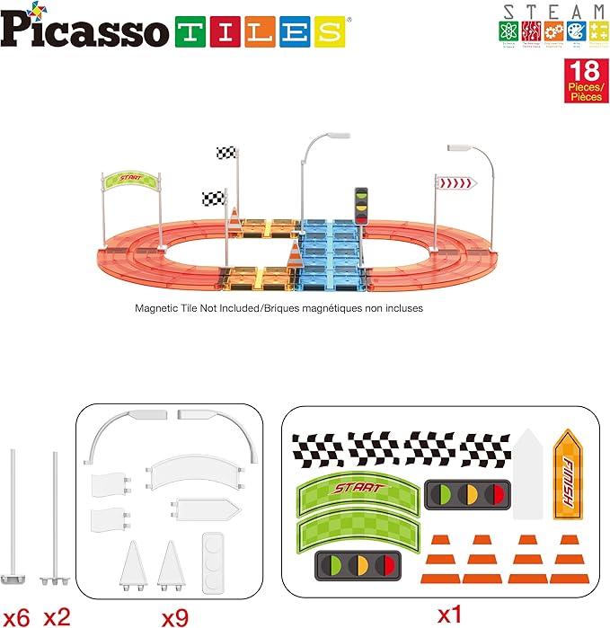 PicassoTiles Magnet Tile Compatible Building Race Track Kit Traffic Sign Accessory Stabilizers with Sticker Set STEM Educational Magnets Toddler Racecourse Structure Blocks Add On Ages 3+ PTR01