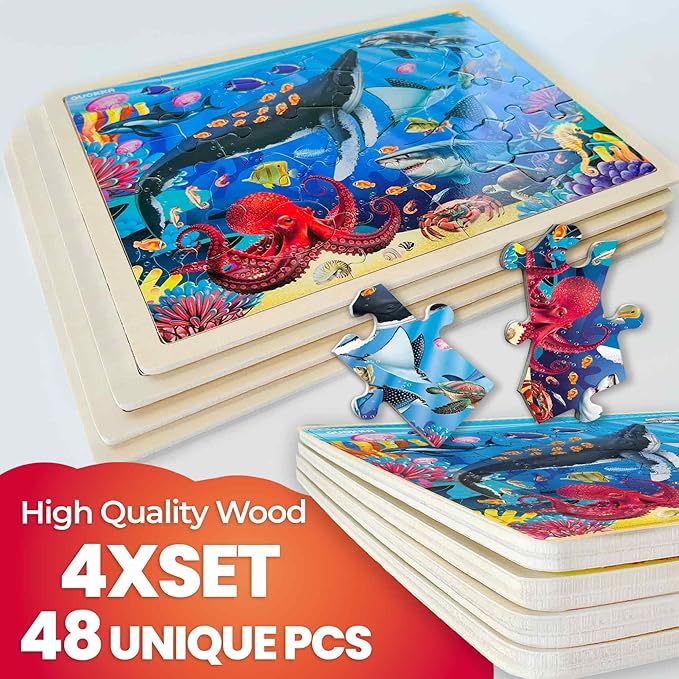 QUOKKA 4SET Puzzles for Kids Ages 4-6 - 48 Pcs Wooden Toddler Realistic Montessori Puzzles Ages 3-5 - Wild Animals Africa Ocean Farm Learning Games for Boys and Girls 4-8 Year Olds