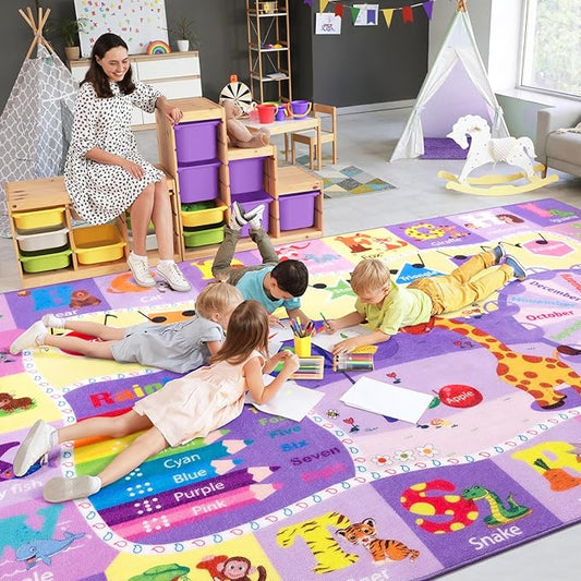 Kids Rugs for Playroom Bedroom Classroom Nursery, Non-Slip and Washable Rugs for Children Toddlers Girls, Educational and Fun Rug Carpets with ABC Alphabet Animals Shapes, 6x9, Purple