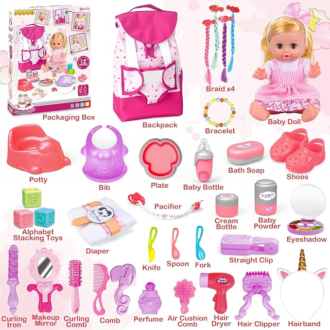 Baby Care Doll Toys Set, 36PCS Doll Playset, Hair Salon Pretend Play Toddler Doll Toys Incl 14'' Baby Doll Toy, Backpack, Hair Dryer, Hair curler, Xmas Gifts for Age 3 4 5 6+ Years Old Girls Kids