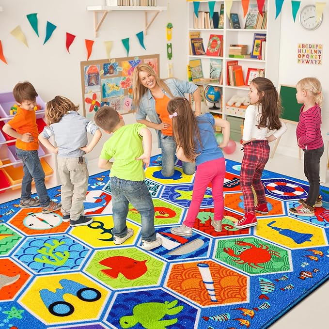 Large Classroom Rug 4×6 Hexagons 24 Seats Ocean Themed Kids' Carpet Kid Rug 13.3'×7.7' Educational Play Mat for Interactive Learning Preschool Rugs for Classroom Learning Area 157"×91"