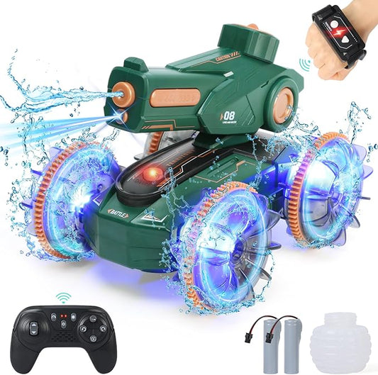 Toys for Kids 6-12 Remote Control Car Boat Gifts for Boys 5-7 8 9 10 11 Year Old Amphibious RC Gesture Stunt Water Squirt Tank with Lights & Self-Dispensing Cool Outdoor Summer Beach Pool Toy