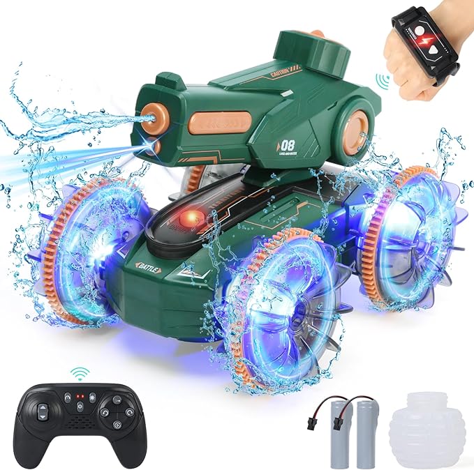 Toys for Kids 6-12 Remote Control Car Boat Gifts for Boys 5-7 8 9 10 11 Year Old Amphibious RC Gesture Stunt Water Squirt Tank with Lights & Self-Dispensing Cool Outdoor Summer Beach Pool Toy