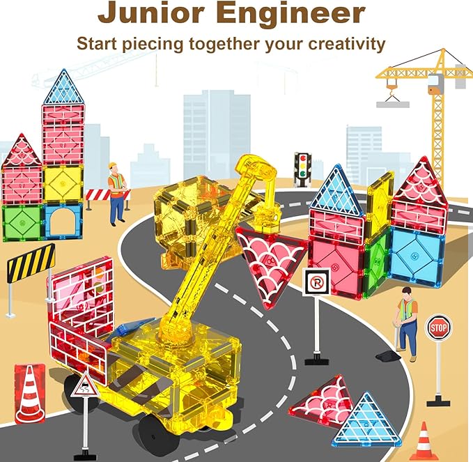 Magnetic Tiles Road Set, Magnetic Blocks Building Toys for 3+ Year Old Boys Girls, Magnet Construction Toys Preschool Educational Kids Magnet Tiles for Toddlers 3-5 4-8 (Magnetic Tiles City Set)