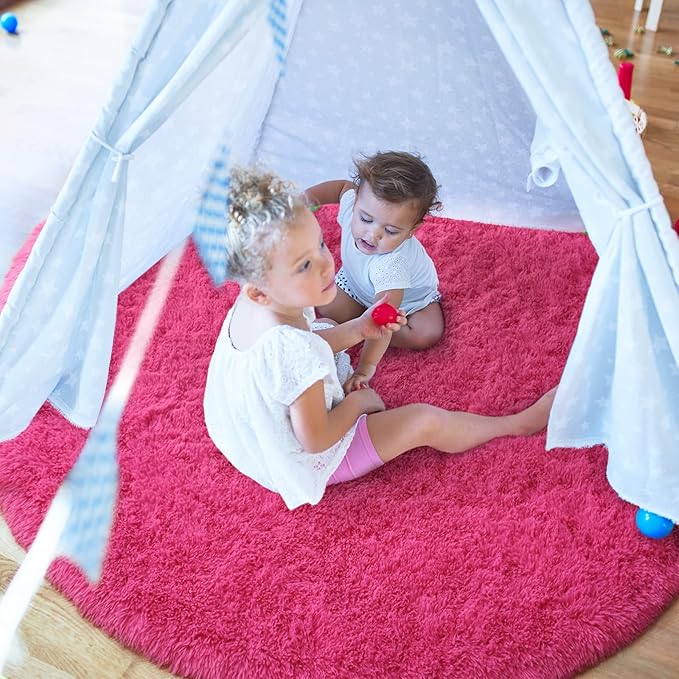 LOCHAS Luxury Round Fluffy Area Rugs for Bedroom Kids Girls Room Nursery, Super Soft Circle Rug, Cute Shaggy Carpet for Children Living Room, 4x4 Feet Hot Pink