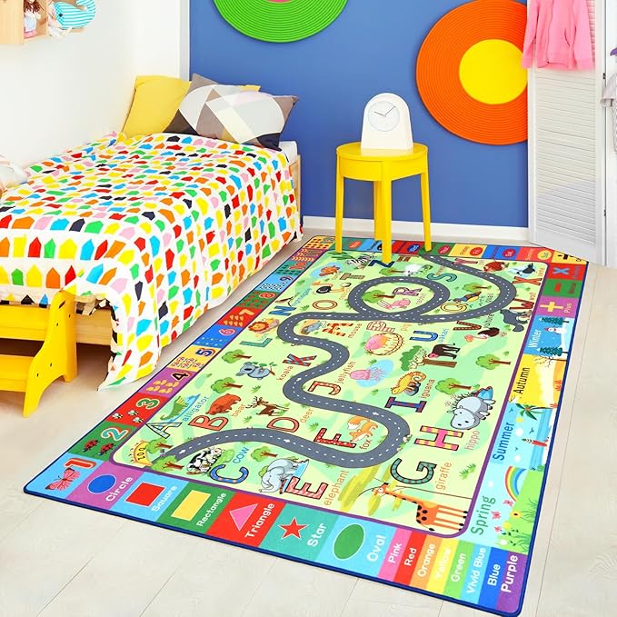 Terrug Kids Rug for Playroom & Classroom, Washable Nursery Carpet, Non-Slip Play Mat, Learning ABC, Numbers, Animals, Colors, Seasons, 4x6 Feet
