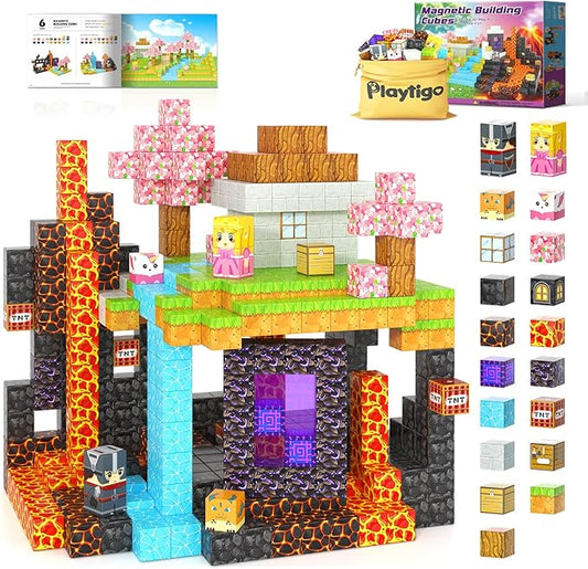Magnetic Blocks- 100pcs Mine Magnet World Block Cubes Toys for Kids Ages 4-8 Magnetic Tiles Kids Sensory Birthday Gifts Game Toys for Boys & Girls Ages 3+