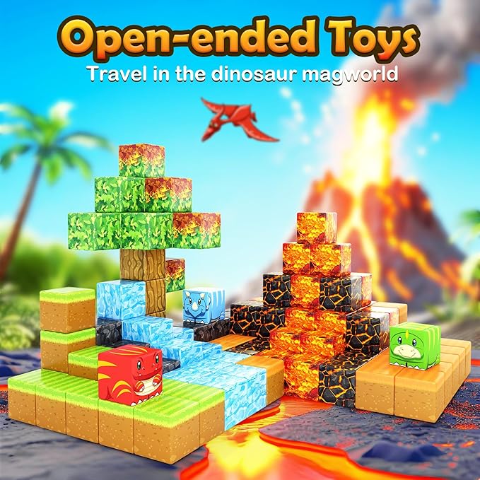 Magnetic Blocks-Build Mine Magnet World Dino Edition, Dinosaur Toys Magnet Building Blocks Jurassic Scenes Kids Toys for Boys 3-5 4-6 6-8 Magnetic STEM Construction Sensory Toddler Kids Games