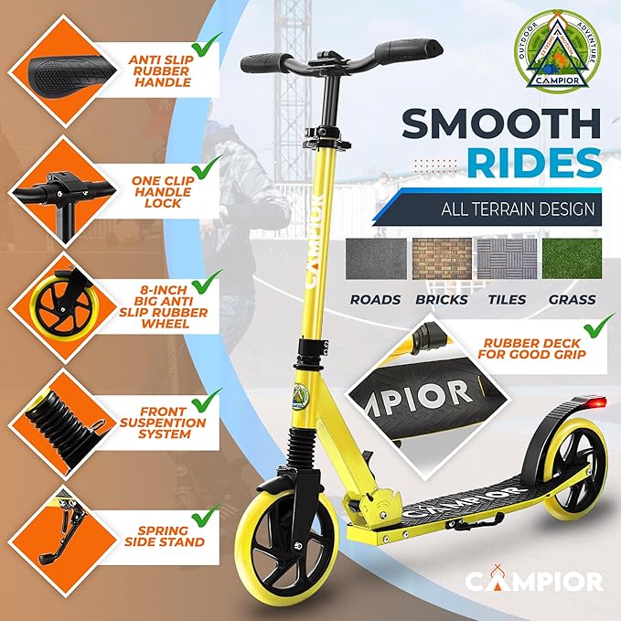 Kick Scooter for Ages 6+, for Kids, Teens, and Adults, Max Load 240 LBS, Foldable, 8-inch Big Wheels for Kids and Adults, with Kickstand, 3 Adjustable Levels, Child Safety Approved, Yellow