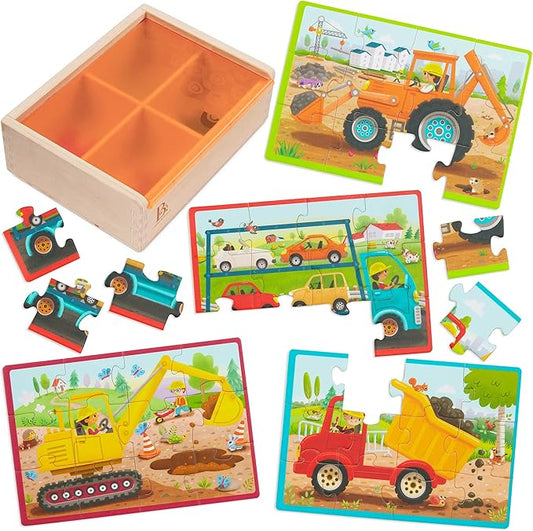 B. toys – Wooden Puzzle Set – Car Carrier, Loader, Excavator, Dump Truck – 12-Piece Jigsaw Puzzles For Kids – 3 Years + – Pack o' Puzzles - Trucks