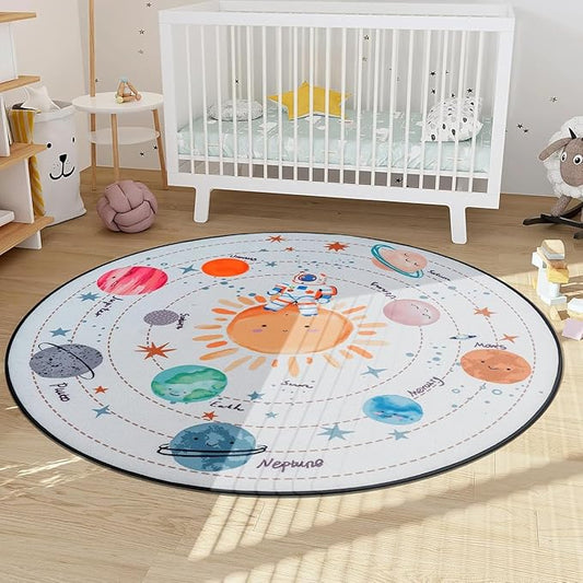 Solar System Planet Theme Carpets for Kids Bedrooms, 5ft Non-Slip Space Round Rugs for Baby,Circle Area Rug for Boys Girls Playroom,Educational Crawling Rug for Classroom