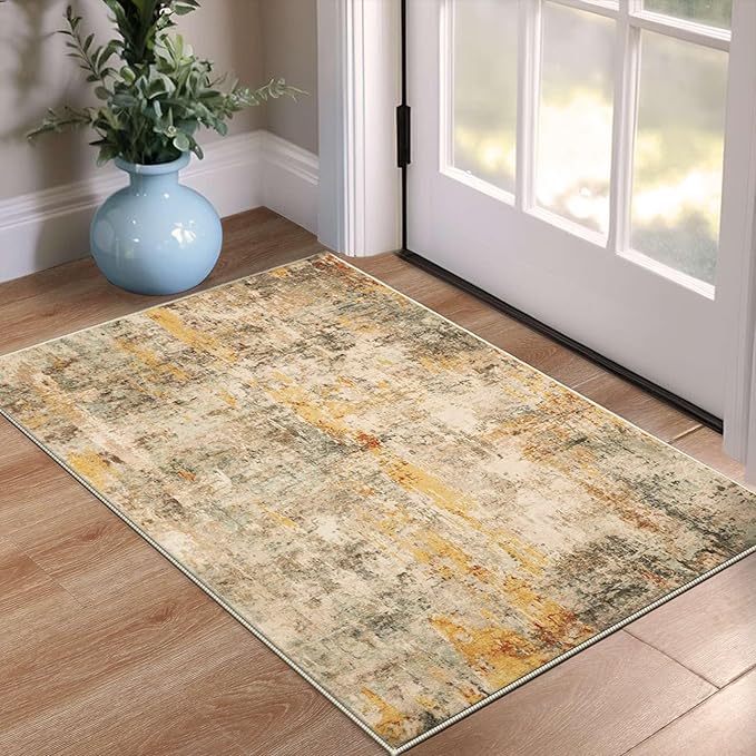 Entrance Rugs Indoor 2x3 Beige Entry Rug Washable Abstract Small Area Rug Non-Slip Low Pile Light Tan Throw Rugs for Entryway, Kitchen Floor, Front Door Indoor Door Mat, Bedroom Bedside