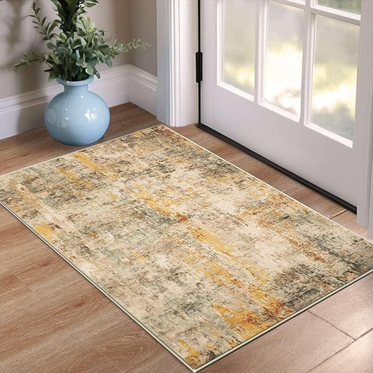 Entrance Rugs Indoor 2x3 Beige Entry Rug Washable Abstract Small Area Rug Non-Slip Low Pile Light Tan Throw Rugs for Entryway, Kitchen Floor, Front Door Indoor Door Mat, Bedroom Bedside