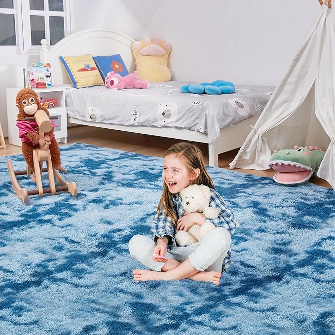 Ultra Soft Rug for Living Room, 4X6 Fluffy Shag Area Rug for Bedroom, Modern Shaggy Carpets Fuzzy Rug for Teens Dorm Nursery Home Decor Aesthetic, Upgrade Anti-Skid Durable, Tie-Dyed Blue Grey