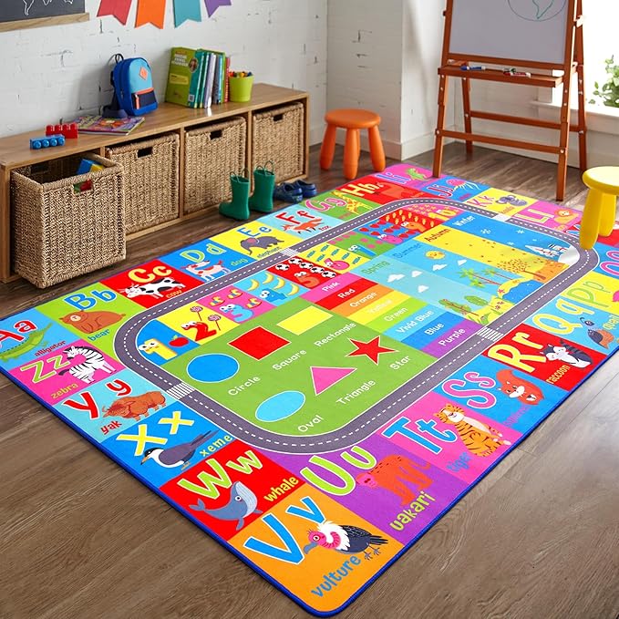 HOMORE Kids Educational Rug, 5x7 Kids Collection Area Rug for Learning Alphabet, Numbers, Colors, Season and Animal Words, Playmat for Classroom Playroom