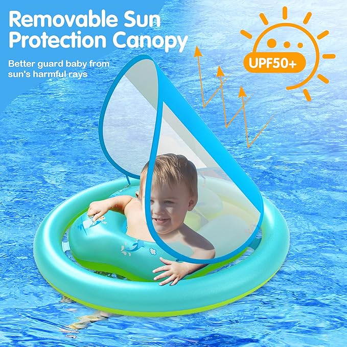 ZIZZ Baby Pool Float with Canopy - 2025 New Inflatable Baby Swim Float with UPF50+Sun Protection, Baby Infant Pool Float with Toy Play Console Adjustable Seat for Toddler Kids Aged 6-36 Months