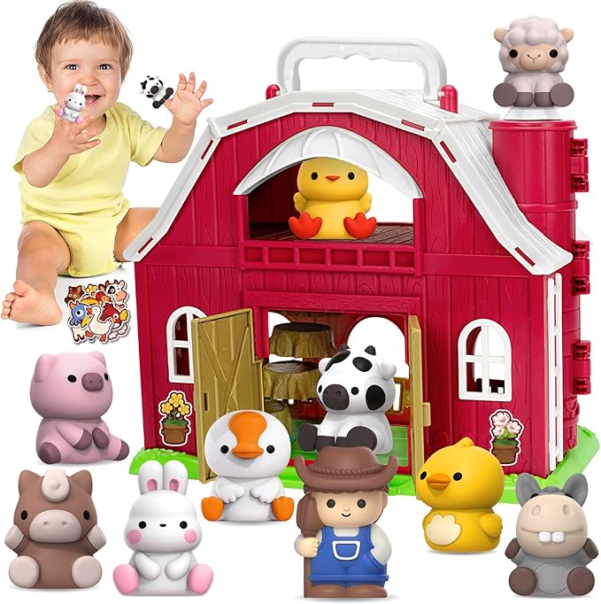 KMUYSL Toys for 1 2 3 Years Old Boys Girls, Big Red Barn Farm Animal Playset for Boys Girls, Learning Montessori Toys, Christmas Birthday Easter Gift for Baby Kids Toddlers Age 12-18 Months