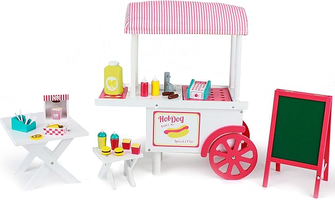 Playtime by Eimmie 18 Inch Doll Furniture Hot Dog Food Cart Set - Wooden Playset with Accessories, Fits American, Generation, My Life & Similar 14”-18” Dolls