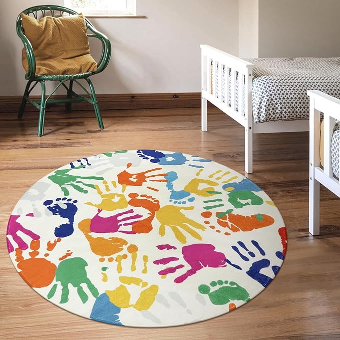 STARUIA Colorful Round Rug for Kids Bedroom, 4'x4' Handprints and Footprints Circle Rug for Playroom, Rainbow Washable Rug for Nursery, Small Circular Carpet for Classroom Dorm Daycare