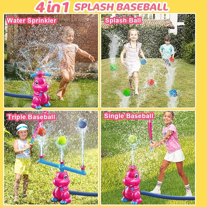 4-in-1 Dinosaur Water Sprinkler Baseball Toys, 360° Roating Spray Water Play Game, Water Splashing Toy for Kids Outdoor, Summer Backyard Lawn Pool Party Fun for Boys Girls (Pink)