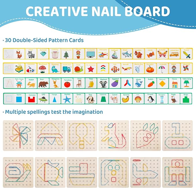 2Pack Wooden geoboards with Rubber Bands Montessori Toys, Mathematical Education Toy for Kids with Pattern Cards and geo Boards to Figures and Shapes, Brain Teaser STEM Toys for Classroom.