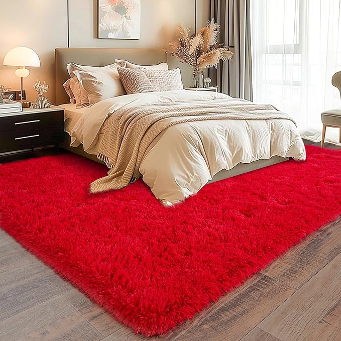 Super Fluffy 8x10 Rugs for Living Room, Modern Shag Red Area Rugs, Soft and Cozy Plush Large Under Bed Carpet for Kids, Girls Boys and Teens Decorations for Bedroom Dorm Nursery Classroom