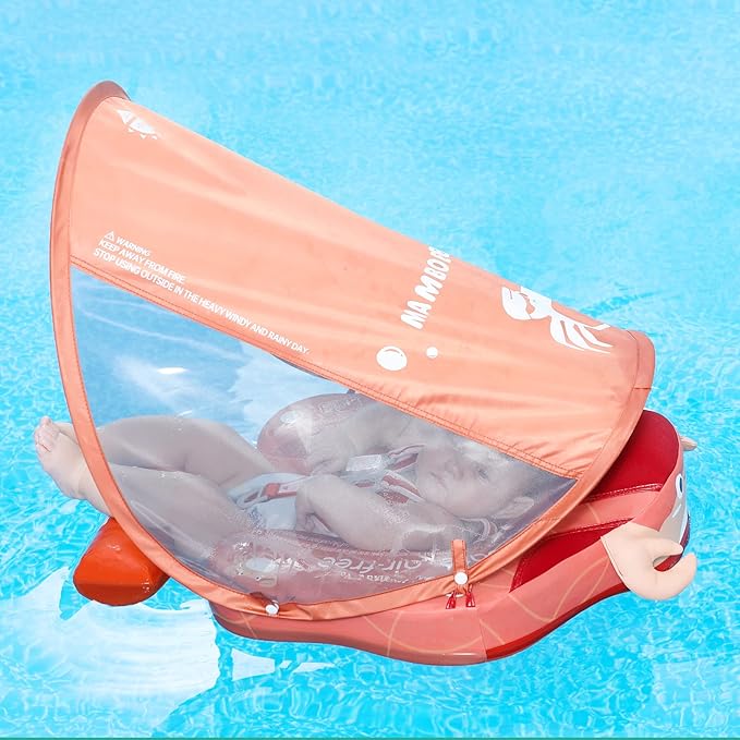 Mambobaby Float Add Tail Baby Swim Float with Canopy Solid Pool Infant Swim Trainer Swimming Training Lying Air Free Water Floats Non-Inflatable Waist Swim Ring for Toddlers (Crab)