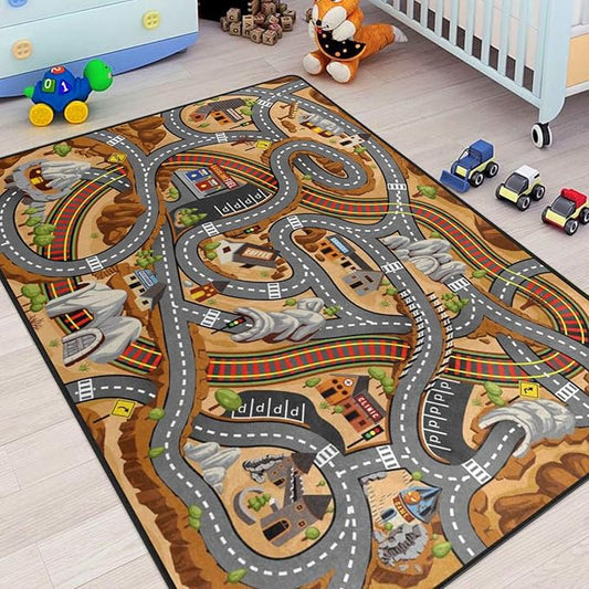 Kids Rug, Mountain Road Playmat Rugs - 5x7 Ft Kids Carpet with Rubber Backing, Cartoon Off-Road Mountain Highway Road Play Mat Nursery Rugs for Children Bedroom Playroom