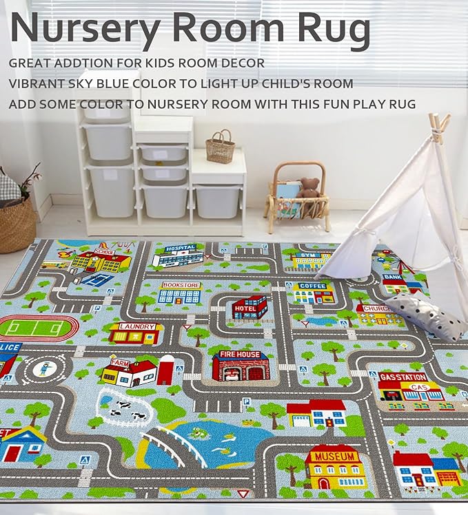 Educational Road Traffic Carpet Kids Carpet Playmat Car Rug Fun City Life Map Kids Car Rug Non Slip Play Carpet for Children Playroom Bedroom Classroom Decor (Sky Blue, 5'0''x6'6'')