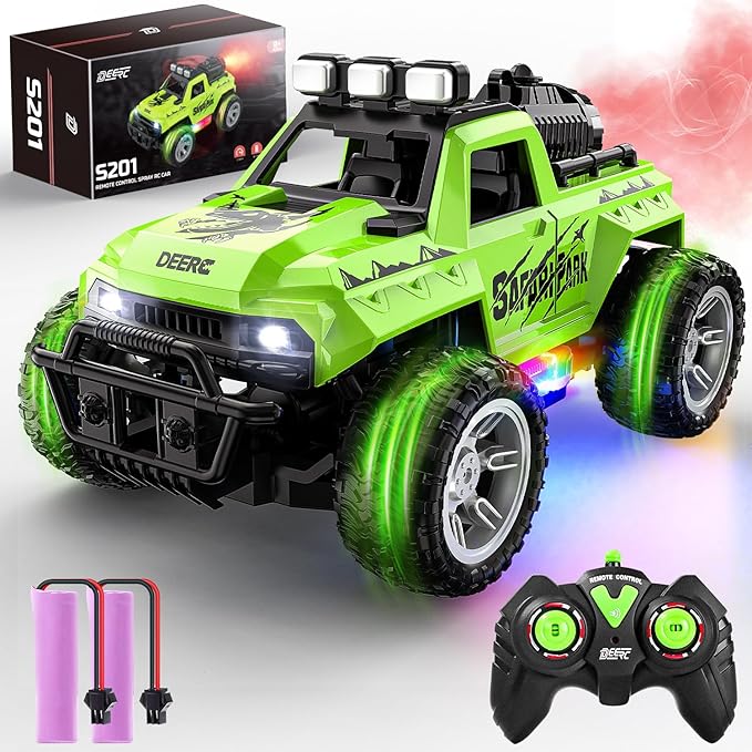 DEERC Remote Control Car with Fog Mist & LED Colorful Lights, 1:18 Scale RC Truck with 2 Batteries, 2.4Ghz Monster Truck for Boys, All Terrain Off-Road Race car, Educational Toy & Gift for Boys Girls