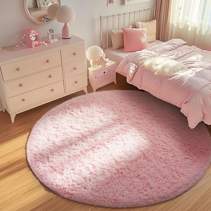 Ophanie Round Rugs 6Ft Pink Circle Area Rug, Fluffy Fuzzy Bedroom Carpet, Plush Soft Shaggy Indoor Floor Kawaii Living Room Rugs for Kids, Cute Room Decor for Teen Girls Home Decor Aesthetic, Nursery