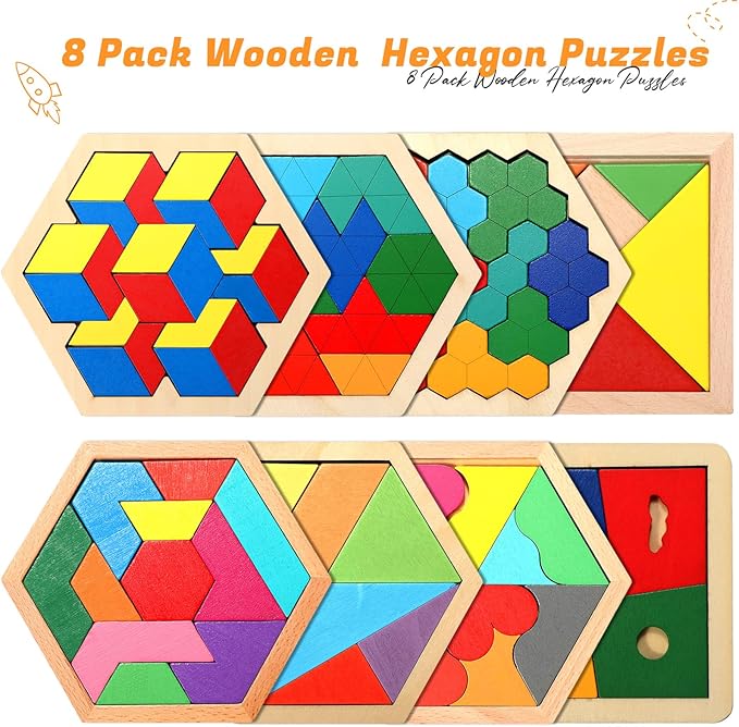 Jerify 8 Pack Wooden Hexagon Puzzles Children Educational Puzzle Blocks Shape Pattern Block Geometric Tangram Jigsaw for Kids Adults 3D Logic Intelligence IQ Game Gift