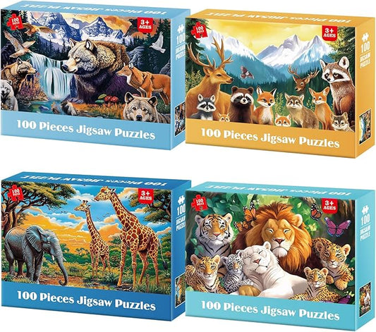 Kids Puzzles Ages 5-8 - Wild Animals Puzzles 100 Piece Jigsaw Puzzles for Kids Ages 4-6 Toddler Puzzles, World of Animals Collection Puzzles Gift Educational Toys for Boys and Girls 4-Pack