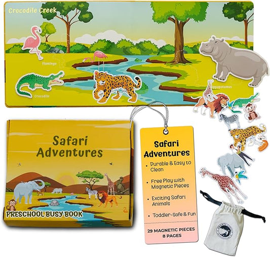 Motessory Preschool Busy Book – Safari Adventures Busy Book for Toddlers 3-5 Years Old with 8 Magnetic Pages and Figurines – Educational Toddler Montessori Toys for Home, Kindergarten, Travel