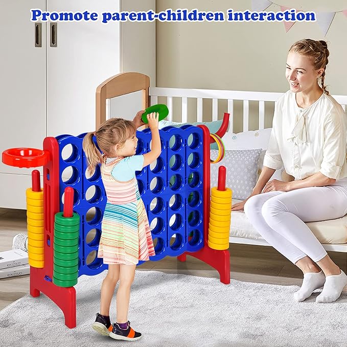 Costzon Giant 4-in-A-Row, Jumbo 4-to-Score Giant Game w/Basketball Hoop, Ring Toss, Quick-Release Slider, 42 Jumbo Rings, Indoor Outdoor Family Connect Game for Kids & Adults, Backyard Games, Red