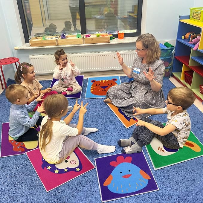 HiiARug Carpet Squares for Classroom Sitting, Kids Rug for Reading, Hopscotch, Playroom, Flexible Floor Seats for Classroom, Preschool, Daycare,Elementary 8 pcs, 18"x18",Multicolor