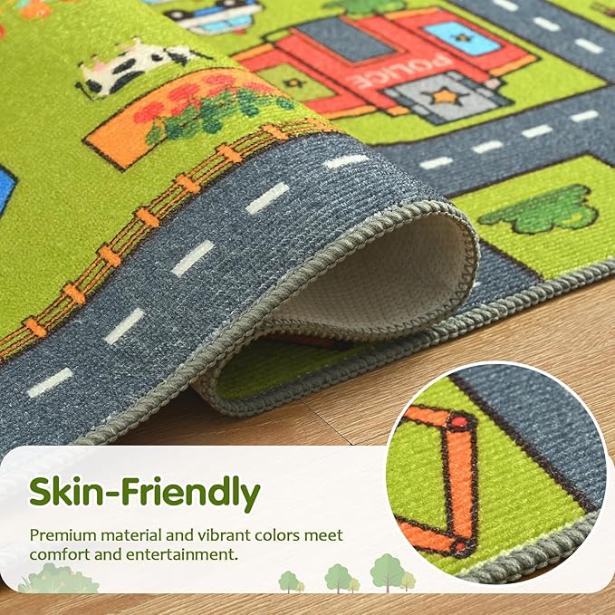 Merelax 3x5 Kids Car Rug Grey Green Area Rugs for Living Room Playroom Classroom Bedroom, Non Slip Kids Play mat Washable Rug, Educational City Traffic Road Map Fun Car Carpet for Ages 3-12