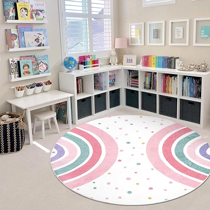 STARUIA Pink Round Rug for Girls, 5 Ft Rainbow Kids Rug for Nursery, Colorful Washable Rug for Bedroom, Non-Slip Circle Time Rugs Soft Polka Carpet for Kids Room Princess Castle