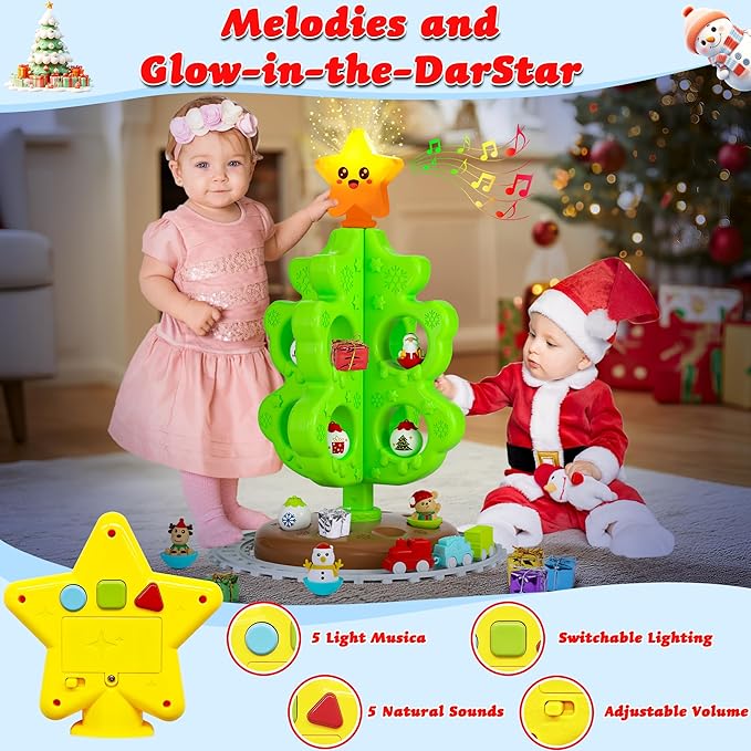 My First Christmas Tree for Toddlers, Musical Light Up Montessori Decor Toy with Ornaments, Mini Train Set, Roly Poly Toys, Finger Puppets, Birthday Xmas Gifts for Little Kids Boys and Girls