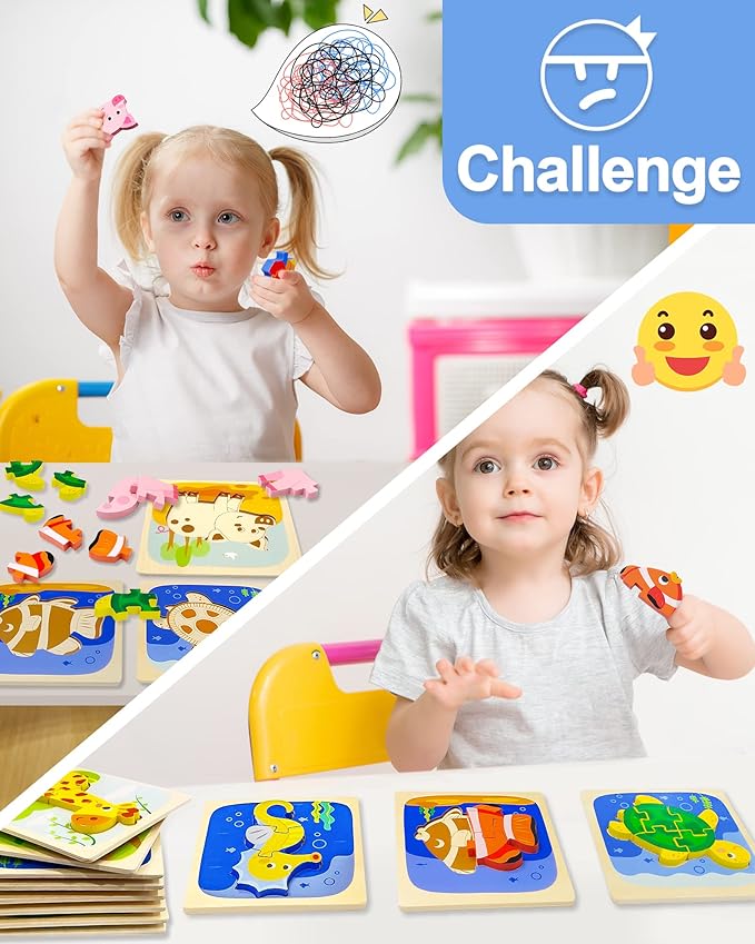 Benresive Wooden Toddler Puzzles Ages 1-3, Montessori Toys for 1 2 3 Year Old Boys Girls, 12 Pack Animal Toddler Toys Gifts for 1 2 3 Year Old Boys Girls, Learning Educational Preschool Toys