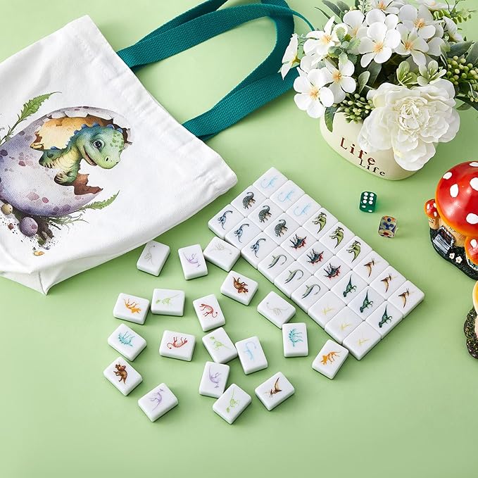 65 Tiles 30 mm Dinosaur Mahjong Game Blocks Set Push Tiles Blocks with Dinosaur Skeleton Pattern and Bag No DIY Required for Family Game Gift