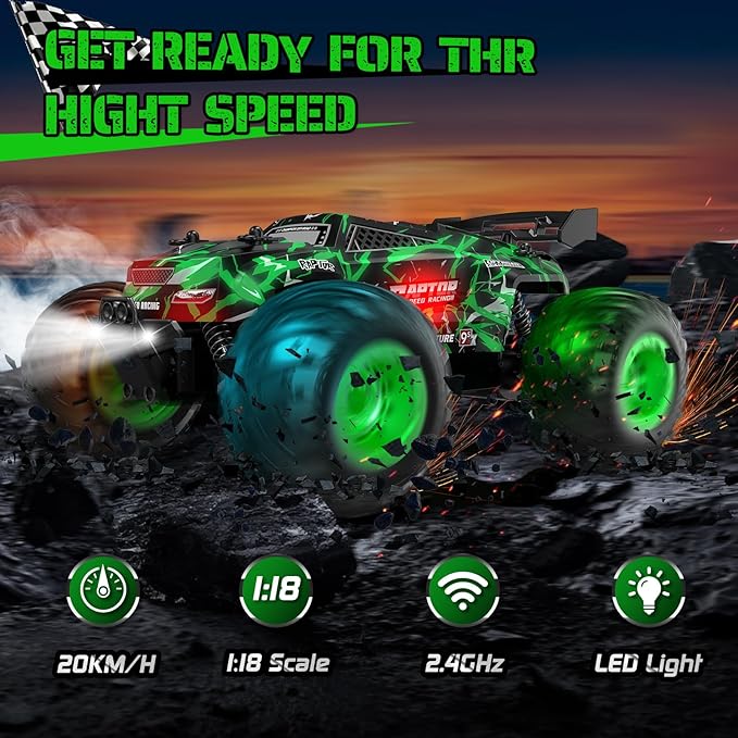 Remote Control Car, 1:18, All-Terrain Remote Control Truck with Headlight and Bodylight, 2WD, 20KM/H, PVC Shell, 2.4GHz, Rechargeable, Sturdy, Two Speed Control, Rc Cars for Kids, Green