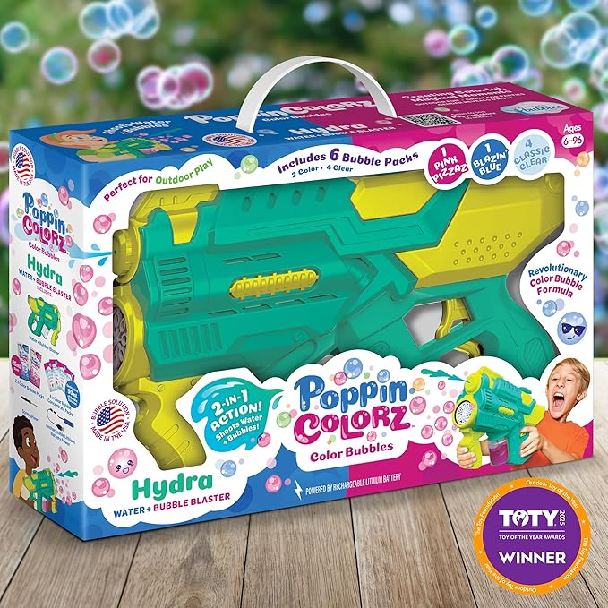 PoppinColorz Hydra Rechargeable 2-in-1 Color Bubbles Blaster & Water Gun:2025 Toy of The Year Finalist. 2X Color Bubble Liquid & 4X Clear No-Spill. Bubble Solutions for Toddlers. Bubbles Made in USA.